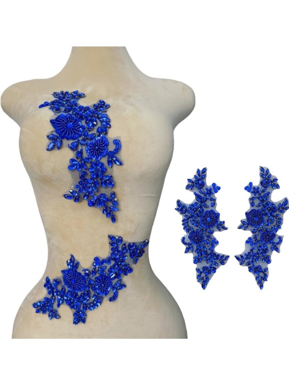 Hand-Embroidered Beaded Lace Applique Patches with Rhinestones & Crystals